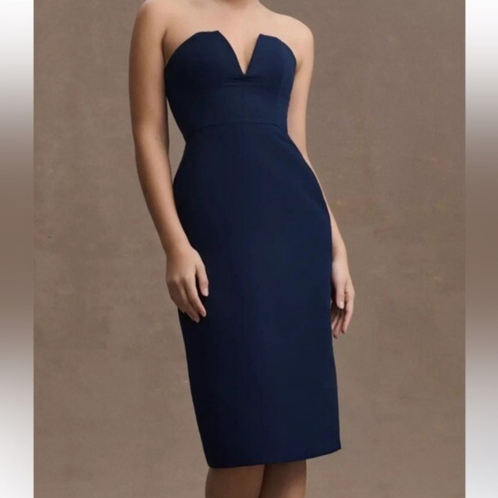 NWT Sachin & Babi Nora Strapless Deep-V Taffeta Back-Slit Midi Dress Navy Blue 0